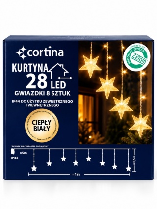 Kurtynka LED 28L gwiazdki 8szt ciepłe dł.100 x wys.50cm (46/19/ELA/WW) zew/wew transformator