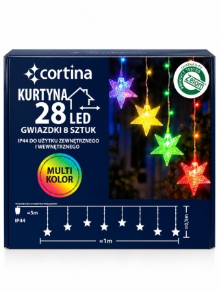 Kurtynka LED 28L gwiazdki 8szt kolorowe dł.100 x wys.50cm (46/19/ELA/M) zew/wew transformator