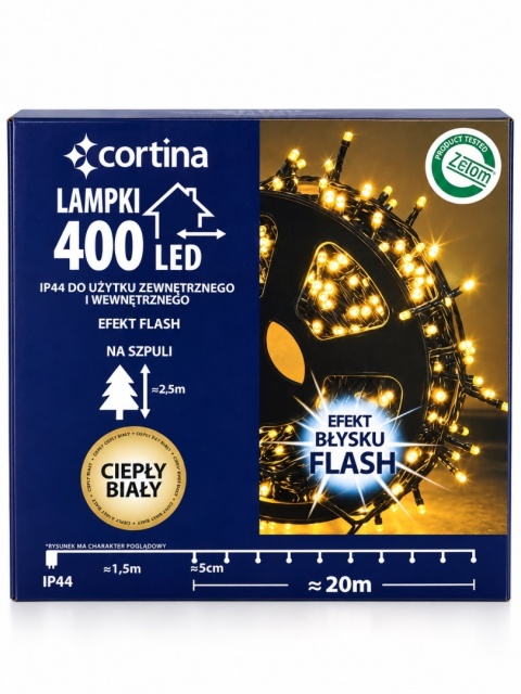 Lampki LED 400L transformator ciepłe + zimny flash 20m dekoracji (2/20/FLE/WW+CW) zielony kabel wew/zew