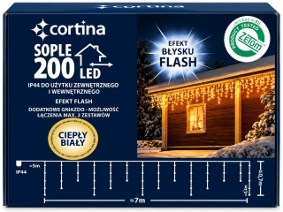 Lampki sople 200LED+gn ciepłe; zimny flesh 7m 102/21/FLE/WW+CW biały kabel 5m przyłącze