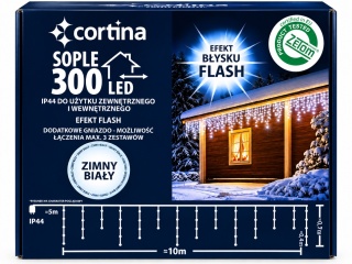 Lampki sople 300LED+gn zimne + zimny flesh 10m (103/21/FLE/CW+CW) biały kabel 5m przyłącze