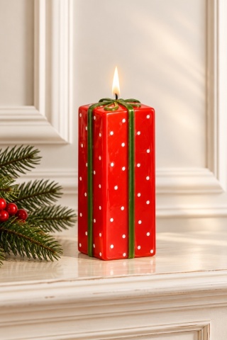 Świeca150/70/70 Christmas Gift Prezent w kropki mat czerwony/zielony