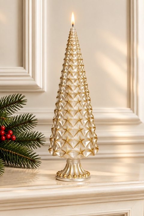 Świeca CHOINKA decor TREE METALIK perłowa/złota