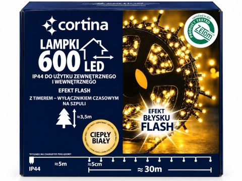 Lampki LED 600L ciepłe + zimny flesh 30m timer (50/21/FLE-TIM/WW+CW) transformator ciemny kabel wew/zew