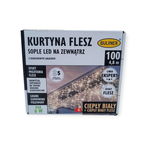 Kurtynka sople LED zewnętrzna gruby kabel 100L+gn białe ciepłe +flash biały zimny (25-338) 4,8m/6W