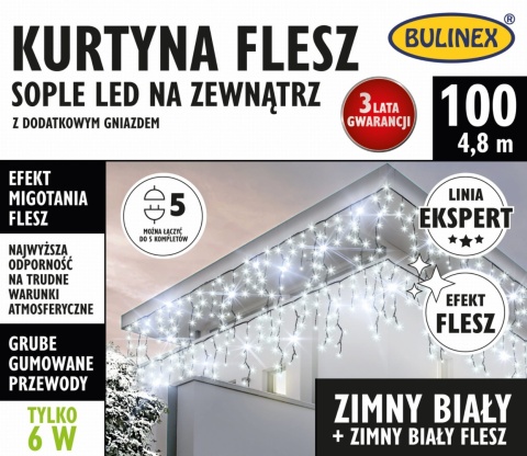 Kurtynka sople LED zewnętrzna gruby kabel 100L+ gniazdo białe zimne +flash biały zimny (25-332) 4,8m/6W