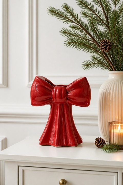 Large red "bow" glazed ceramic vase (91945)