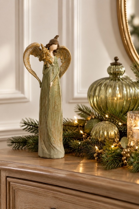 Aniołek ceramiczny 26cm z choinką szałwia + złoto (OZB06301)