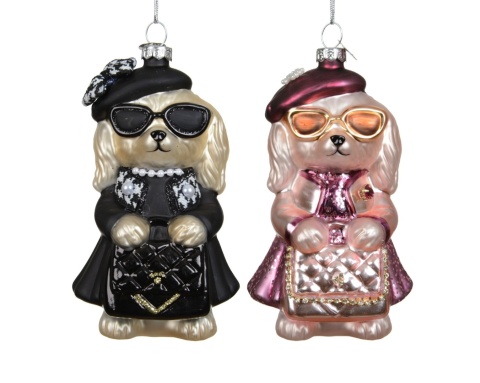 Bombka szklana: Piesek z torebką różowe ubranko (124033)