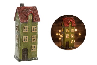 Kamienica LED ceramiczna wąska zielona czerwony dach (ART21466)