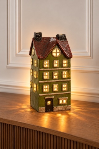 Kamienica LED ceramiczna zielona czerwony dach 2 kominy (ART21464)
