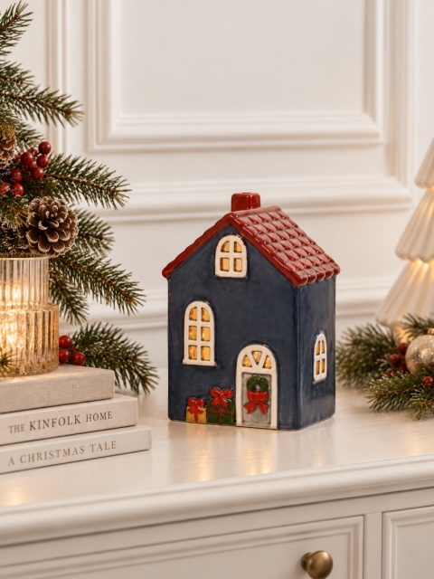 Domek ceramiczny niebieski mały na t-lighta bordowy dach (741102)