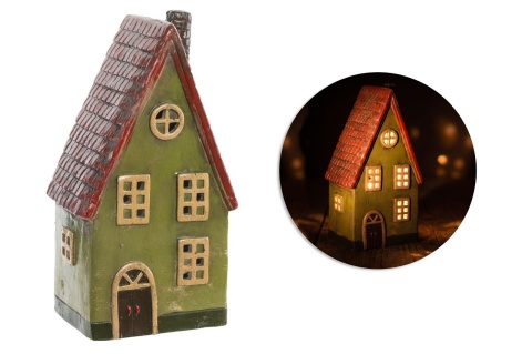 Kamienica LED ceramiczna zielona stromy czerwony dach (ART21463)