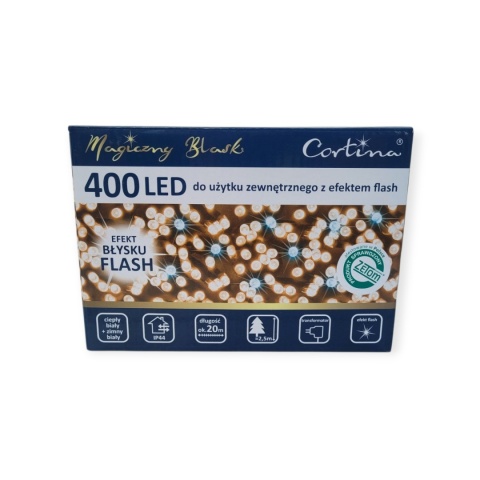 Lampki LED 400L transformator ciepłe + zimny flash 20m dekoracji (2/20/FLE/WW+CW) zielony kabel wew/zew
