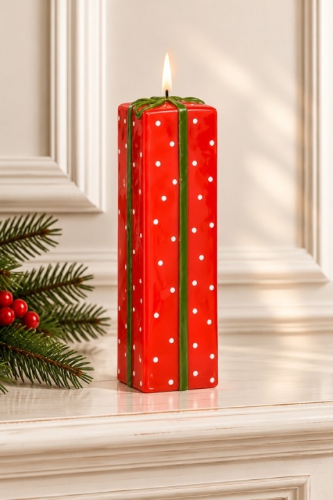 Świeca 200/70/70 Christmas Gift Prezent w kropki mat czerwony/zielony