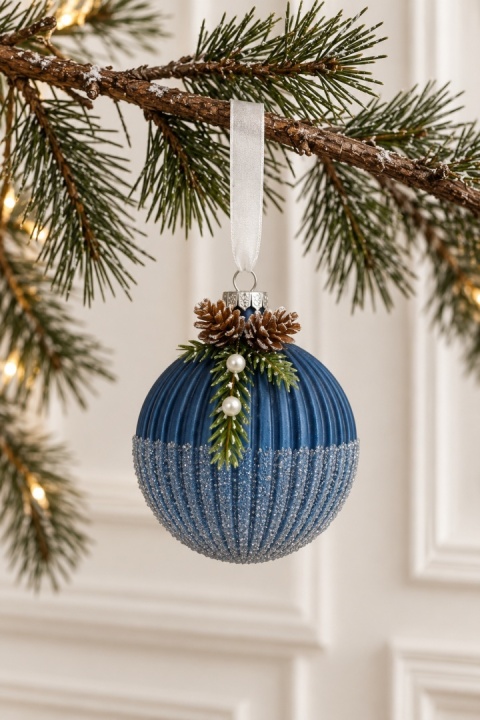 Bombka szklana 8cm karbowana granatowa ze stroikiem (071639)