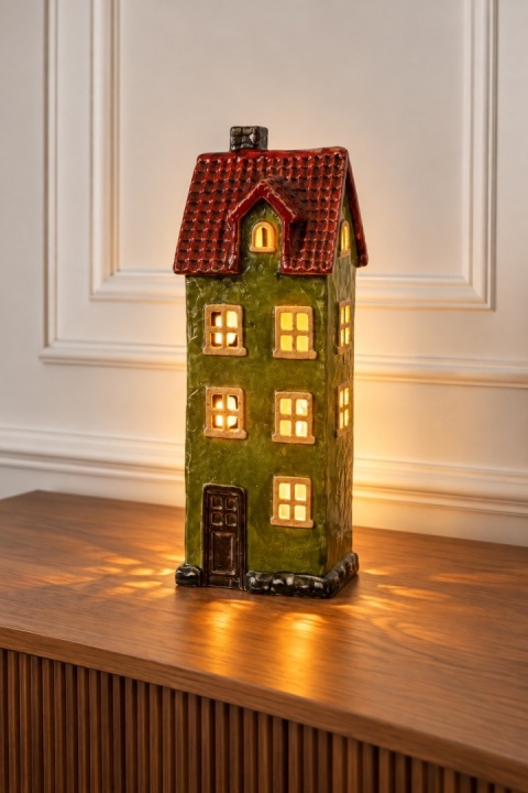 Kamienica LED ceramiczna wąska zielona czerwony dach (ART21466)