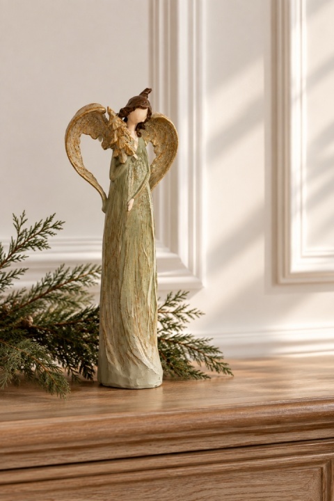 Aniołek ceramiczny 26cm z choinką szałwia + złoto (OZB06301)
