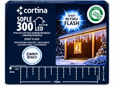 Lampki sople 300LED+gn zimne + zimny flesh 10m (103/21/FLE/CW+CW) biały kabel 5m przyłącze