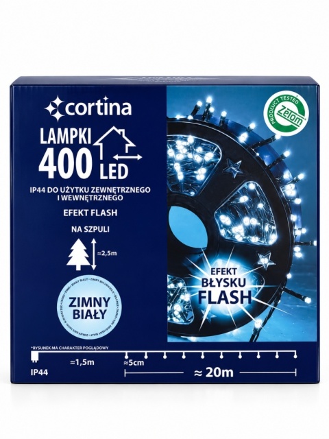 Lampki LED 400L transformator zimne + zimny flesh 20m dekororacji (2/20/FLE/CW+WW) zielony kabel wew/zew