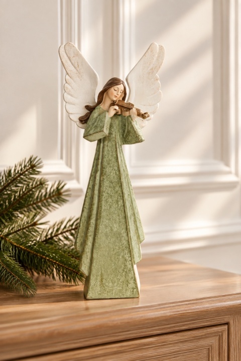Aniołek ceramiczny 24cm ze skrzypcami szałwia (OZB06302)