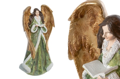 Anioł ceramiczny z książką szałwia + złoto (OZB06293)