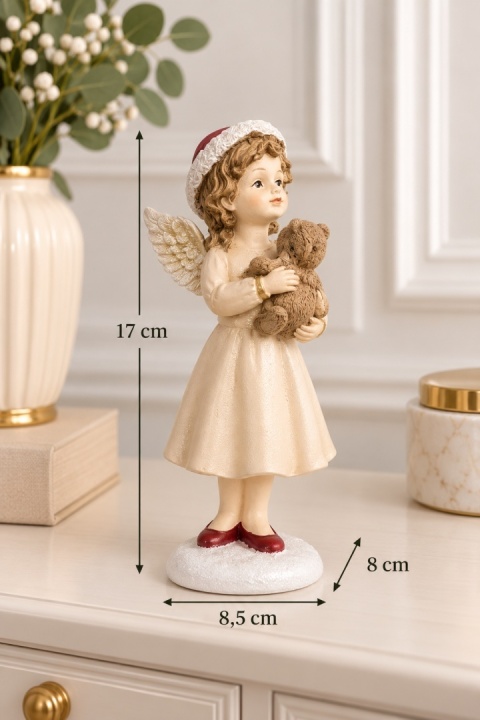 Aniołek w czapce Mikołaja trzymający misia poliresin (26442)