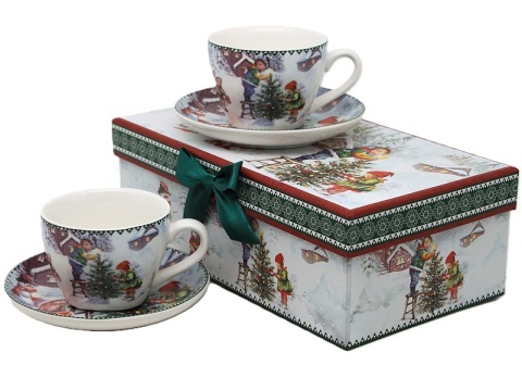 Kpl. 2-ch filiżanek z talerzykami ceramicznymi "świąteczny czas" (PG-19437) w ozdobnym pudełku