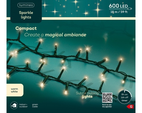 Lampki 600LED ciepłe efekt przygasania 18m timer (495892) ciemny kabel