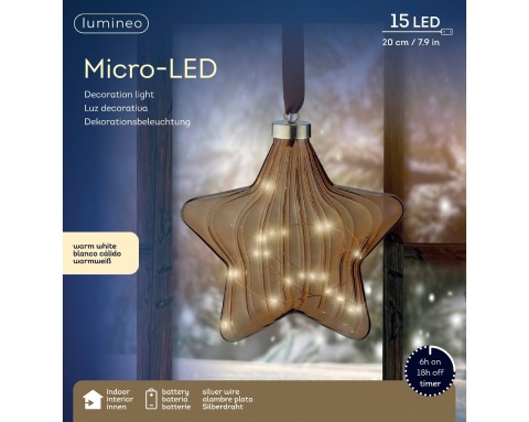 Gwiazda szklana 20cm miodowa 15LED (487591)