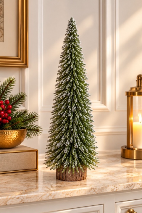 Choinka zielona srebrny brokat drewniana podstawa średnia (TG81565)