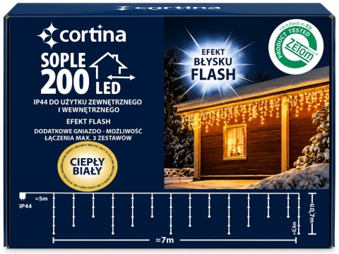 Lampki sople 200LED+gn ciepłe; zimny flesh 7m 102/21/FLE/WW+CW biały kabel 5m przyłącze