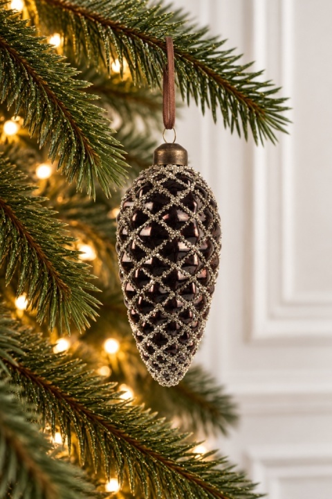 Szyszka szklana 12cm brązowa z brokatem (070621)