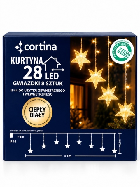 Kurtynka LED 28L gwiazdki 8szt ciepłe dł.100 x wys.50cm (46/19/ELA/WW) zew/wew transformator