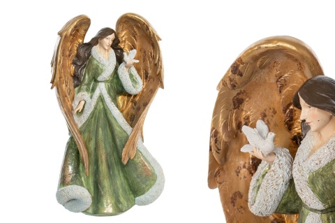 Anioł ceramiczny z ptaszkiem szałwia + złoto (OZB06292)