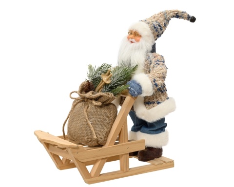 Mikołaj beżowo niebieski z sankami i workiem (704337)