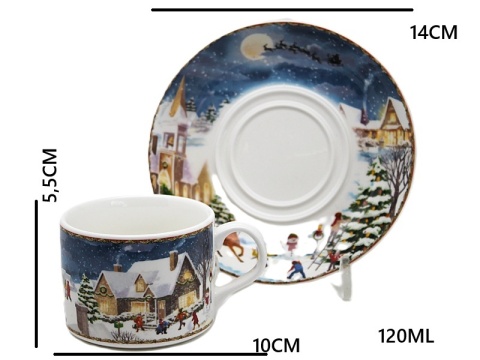 Kpl. 2-ch filiżanek z talerzykami ceramicznymi"świąteczna wioska" (PG-19857) w ozdobnym pudełku