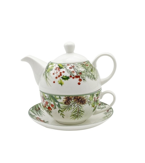 Filiżanka z dzbankiem i spodkiem porcelana Christmas Leaves ozdobne pudełko