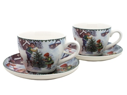 Kpl. 2-ch filiżanek z talerzykami ceramicznymi "świąteczny czas" (PG-19437) w ozdobnym pudełku