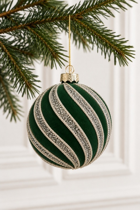 Bombka szklana 8cm zielony welur złote pasy (TG79787)