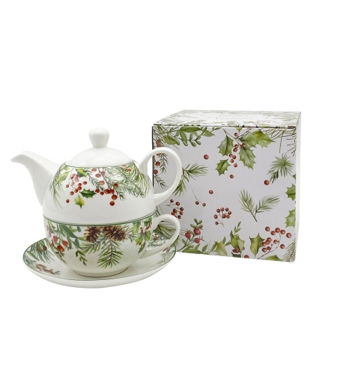 Filiżanka z dzbankiem i spodkiem porcelana Christmas Leaves ozdobne pudełko