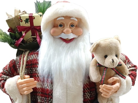 Santa Claus with teddy bear standing 80cm in a checked coat (RF0337)