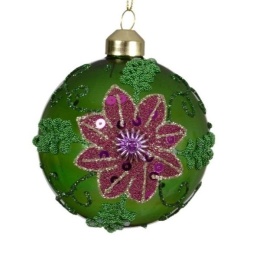 Kpl. 3 bombki szklane fi 8cm transparentne zielone brokatowy kwiat (071180)