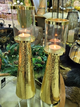 Świecznik metalowy ze szkłem 45cm złoty błysk młotkowany (IP0523)-20%