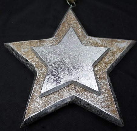 Zawieszka gwiazdka drewniana przecierana srebrna 19cm (CH1-07656)-20%