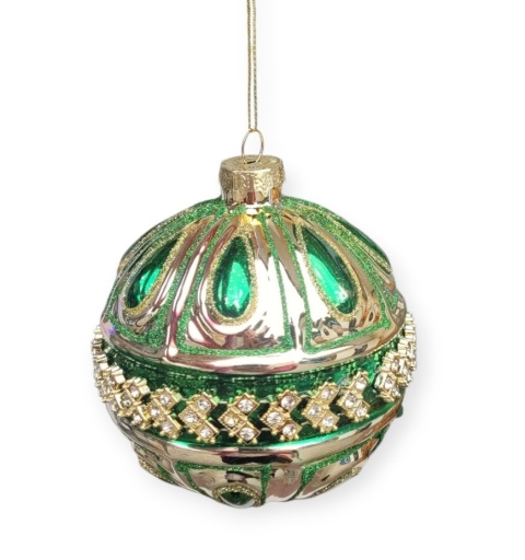 Glass bauble 10cm embossed green with zircons (523401)