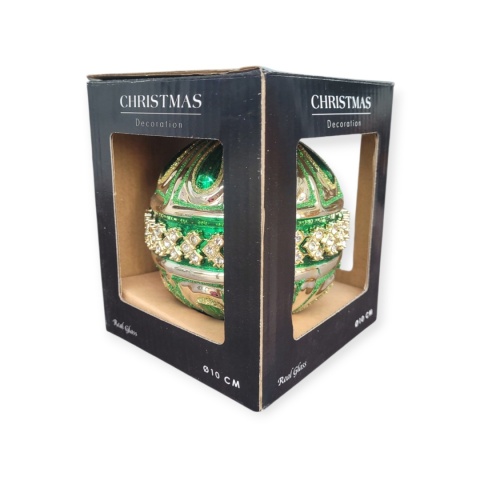 Glass bauble 10cm embossed green with zircons (523401)
