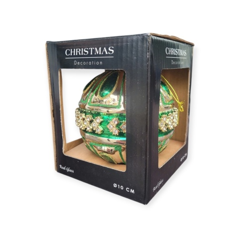 Glass bauble 10cm embossed green with zircons (523401)