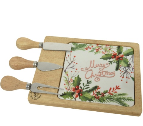 Deska drewniana do serów z ceramicznym wkładem + sztućce (607911)-20%