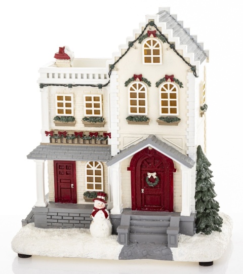 LED ecru tenement house with a snowman 8 melodies (172586)